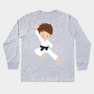 Karate Boy, Cute Boy, Brown Hair, Black Belt Kids Long Sleeve T-Shirt